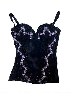 Marciano Black Bustier Camisole with Lavender Sequin Floral Trim